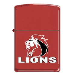 The lions rugby logo on a red matt coloured zippo lighter