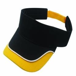 4 Needle stitch cotton sweatband, self fabric velcro enclosure to accommodate adjustability, pre curved peak, piping detail, contrast panel detail on peak.