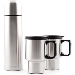 750ml Stainless Steel Vacuum Flask, 2 x 400ml Stainless Steel Mugs - Includes Nylon Carry Bag