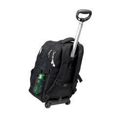 1680D Telescopic handle, padded handle, metal zip pullers, elasticated side pockets, padded back panel, safety strap and clip buckle, heavy duty wheels