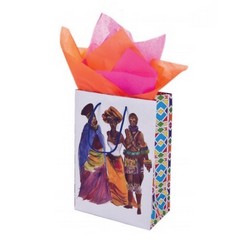 These gift bags are available in 2 beautiful colors - gray and white. Put your presents in this creative, arty bag and give it to your loved ones! The â€œThree African ladiesâ€ themed bags represents the beautiful, colorful and rich culture of Africa. The bag is made up of 135gsm material, measures 330x230x120mm and is made of the best quality material with cord handles. Itâ€™s easy to carry and lovely to look at!