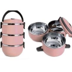 Three Layered Lunchbox with silver lining and carry handle and clips that clip onto other luncbox.