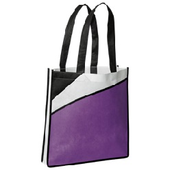 Eco friendly recyclable 80gsm non-woven material, 59 cm handles, large main compartment, front pocket with hook and loop closure