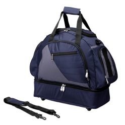 600D and ripstop with metal zip pullers, zip compartment, flat front zip compartment, shoe compartment, adjustable shoulder strap and mesh zip side pockets.