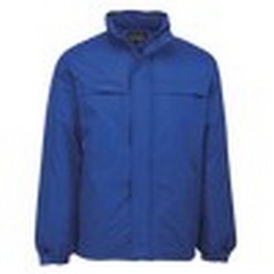Trade Jacket: Longer length, medium weight padded jacket. Featuring a concealed hood, elasticated cuffs with velcro tabs, side pockets with bar tacking reinforced entry and a horizontal chest flap concealed a zippered pocket on the right side. This is an easy care garment made of water and wind resistant fabrick. Polyester outer fabrick, embroidery access opening, double top stitching throughout