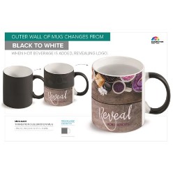 A unique, useful and fun promotional gift. Outer wall of mug appears black when cold then turns white when hot beverage is added , revealing logo ? AB grade ceramic 9.6 ( h ) ? 0.325L, Ceramic care instructions Do not scratch print, Avoid using strong detergents to clean, Hand wash only, Do not use scourer or abrasive Cloth o wash, Do not soak in hot water for prolonged periods