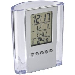 Acrylic pen pot with temperature, alarm, day, date and time display