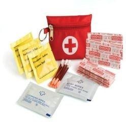 Travel first aid kit includes bandages anti-septic cotton balls ear buds soap wipes cleansing wipes in red keyring pouch