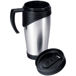 400ml double-walled stainless steel travel mug with a spill-proof cover.