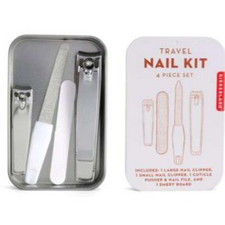 This handy tin kit features everything you need to trim, shape and buff your nails. Contents include: 2 nail clippers (large & small), 4 acetone wipes and 1 nail file/cuticle pusher.