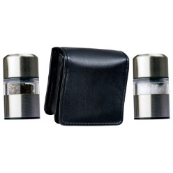 Travel size mini salt and pepper grinder with ceramic mechanism to  ensure long-lasting use. packed in a PU gift case 