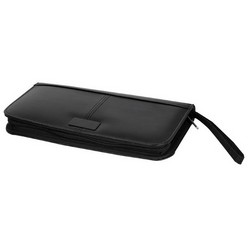 Travel Wallet with black plate for engraving, features a passport and document pocket, zippered compartment with 7 card slots, retractable strap, pen not included