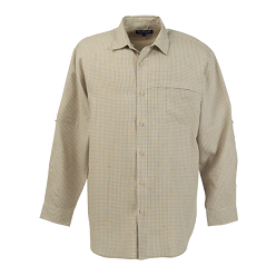 Casual Check shirt, great for office or outdoors, Features include chest pocket, mesh inner, back yoke, double-button cuff and top-stitching throughout. Lightweight modal/polyester fabric. Versatile roll-up sleeve styling