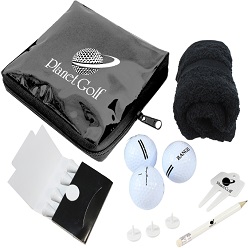 Includes 4 tees, 3 golf balls, 3 markers, pencil and a towel in a pouch with transparent window