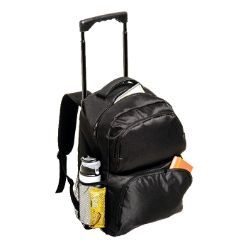 Main zip compartment, pvc material, dual front zip pockets, padded back, foot stands, trolley wheels