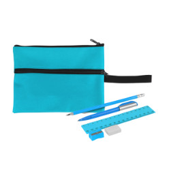 600D - Stationery bag with double zip. Includes 15cm ruler, Pen, penciI, eraser and a sharpener