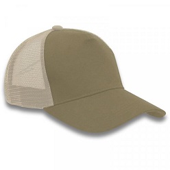 Brushed cotton twill/mesh, 5 panel structured, pre curved peak, plastic tab closure, mesh back