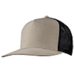 5 Panel cotton twill front, mesh white back panels, three piping same colour as front, pre-curved peak and snap back white