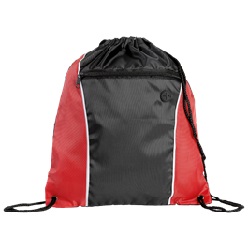 Large main compartment with clinch top, zippered front pocket, media hole, drawstring design for over the shoulder or backpack carry