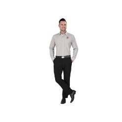 95 g/m² / 60% polyester, 40% cotton yarn dyed poplin, single button adjustable cuffs, single button sleeve plackets / white placket, tone-on-tone logo buttons, left chest pocket, curved hemline, white hem panel detail