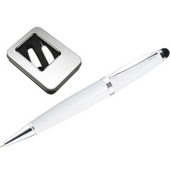 3-in-1 ballpoint pen with a 8GB flash drive and soft rubber stylus for use with touch screen devices include a presentation box