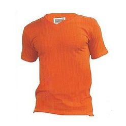 165gsm, carded cotton v-neck t-shirt with double ribbed collar, stiched neckline, and needle finish on the sleeves and hem