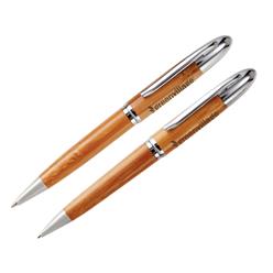 Natural bamboo barrels and uppers. Polished chrome brass trims and metal clips. Presented in a natural bamboo gift box. Pen fitted with a genuine German Schmidt ultra distance refill .pencil with break resistant 0, 9mmHBlead 10, 000 writing distance.