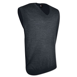 Jersey V-neck design, sleevless ribbed neckline and waistline, ribbed armholes, high quality wool