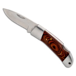 Stainless steel and wood lock back folding knife with pouch. Stainless steel