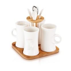 4 ceramic mugs with matching teaspoons, Wooden display stand with carry handle, Packaged in a box, Ceramic