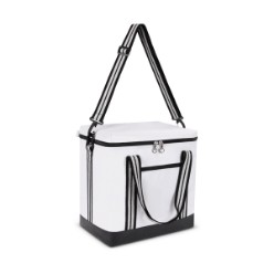 PVC outer fabric, Contrast stripe webbing adjustable strap, Padded shoulder protector on strap, Aluminium Foil, Lining, Piping design detail, black and light grey colour block detail, 26 litre capacity, PVC