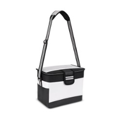 Features include: Water Proof Cooler Box, PVC outer fabric, Stripe webbing adjustable strap, Padded shoulder,  protector on strap, Inside plastic compartment lid, Piping design detail, Black and grey colour block detail, 12 litre capacity, PVC