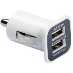 Charges all tablets and mobile devices. Connects to the aux outlet or cigarette lighter in a car.
