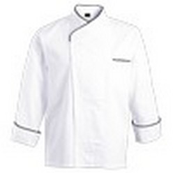 Veneto Chef Jacket: 100% Cotton chef jacket with cross over neck line and concealed stainless steel studs and contrast piping is ideal for a more classic look. Details include contrast piping on welted chest pocket, mandarin wrap collar and French cuffs. 220g 100% cotton fabric, Bar-tacked on all pressure points. Thermometer sleeve pocket