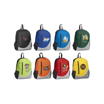 8 vibrant colours to choose from, Main zippered compartment, Front zippered pocket, Zip-pullers have colour accented stitching, Side mesh pocket, Top grab handle, Adjustable shoulder straps.