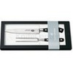 Carving set including stainless steel carvin knife and fork, packaged in a presentation box