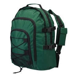 Backpack made from 600D fabric with a padded back panel, adjustable padded backpack straps, stationary slots, removable cellphone pouch and a self fabric handle.