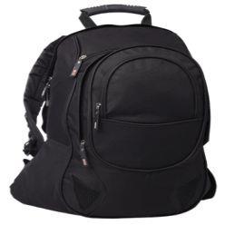 Black 600D Nylon Backpack with rubberised carry handle, main zippered compartment, adjustable shoulder straps, front zippered compartment and pocket