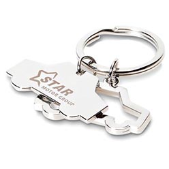 This key holder is made of zinc alloy and polished with nickel plating, a finger fit key ring for holding keys, has a car branded image key holder with a star inscription on it and another frame of key holder, the key holder is attached to the ring with another smaller ring while the frame is attached with a small chain to the ring. The Vroom key holder is laser engraving. 
