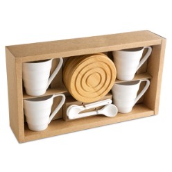 The Walnut Espresso Set is the perfect gift set for those who enjoy their freshly brewed espresso served in style. This well-crafted set includes four high quality porcelain espresso cups with a stylish contemporary pattern, four individual bamboo coasters with an engraved circular design and four fine white porcelain teaspoons. Packaged in a custom designed cardboard gift box with a transparent lid, Porcelain