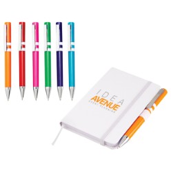 Write down all your notes and ideas with this pocket size notebook and pen set that is the perfect handy travel companion and fits comfortably in your laptop bag or carry bag. Its features include 160 lined pages, vinyl PVC cover, thread-sewn binding with elastic closure and ribbon marker., Includes Deco Colour Pen (IDEA-1205) , Vinyl PVC cover