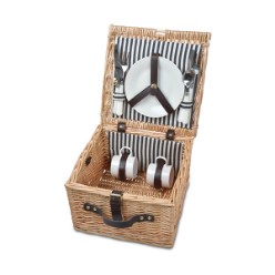 Natural wicker, 2 person picnic basket Includes 2 ceramic plates, 2 mugs, 2 knives, 2 spoons and 2 forks.