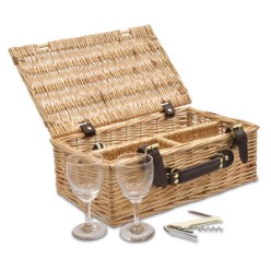 Natural wicker, 2 person wine picnic basket Includes 2 glasses and a bottle opener