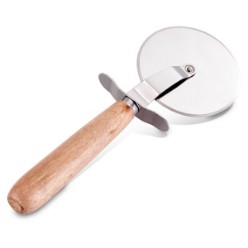 Stainless steel large pizza cutter with wooden handle. Stainless Steel