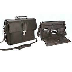 Genuine Leather with Three divisions and front organiser, Key lock zipper, Mutiple Storage Pockets, inside zipper compartment, Pen Pockets, Mobile Holder, Credit Card Slots, and shoulder straps