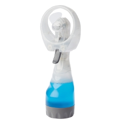 Waterspray Fan: 2AA Batteries included, translucent body, screw-off plastic base, round upper detail, 2 fins, On/Off switch at back, plastic lever