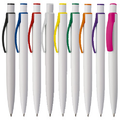 White plastic ball pen with colour accents