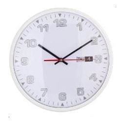 This White Wall Clock is made of Plastic and a glass, used indoors, has a diameter of 330cm, with a Day/Week counter in the face with big grey numbers, short indicator and lines in between the numbers to keep time, with a red second counter, circular in shape, mostly hanged at the wall, visible to all in the room, make use of battery to function. All counters move in the clockwise direction.