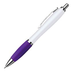 White barrel curved desing ballpoint pen with coloured grip