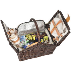 Willow Picnic Basket for 2, includes a cooler compartment, 2 porcelain plates, wine classes, forks, knives, spoons